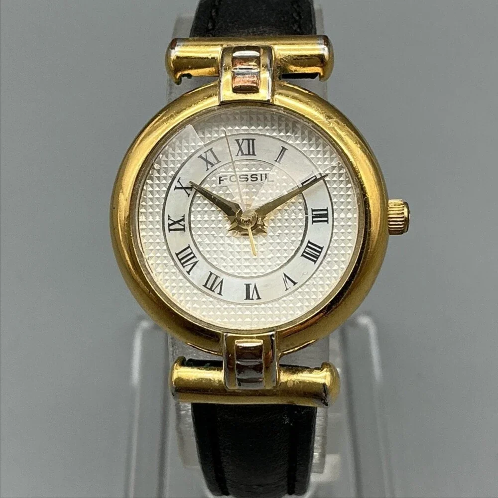 Vintage Fossil Womens Watch 24mm Gold Tone Black Leather PC-9275 New Battery